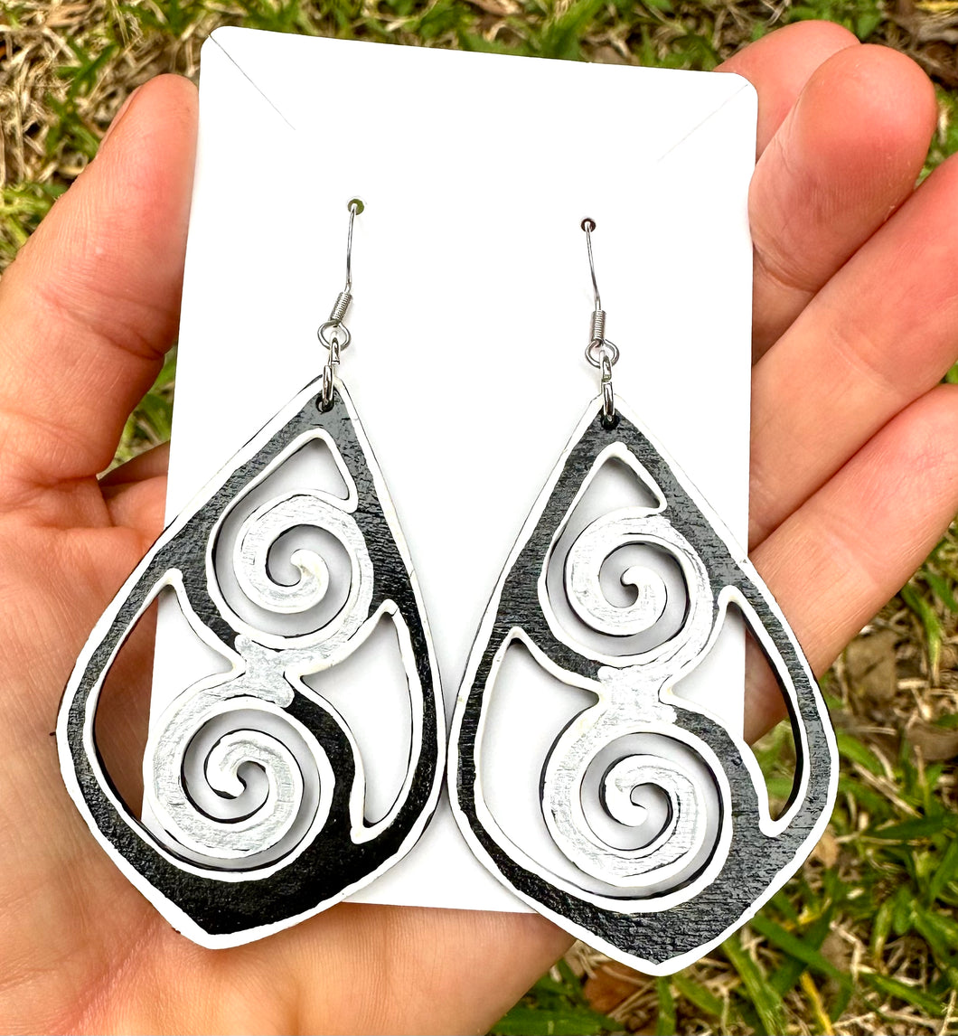 Hand Painted Black White and Silver Swirl Earrings