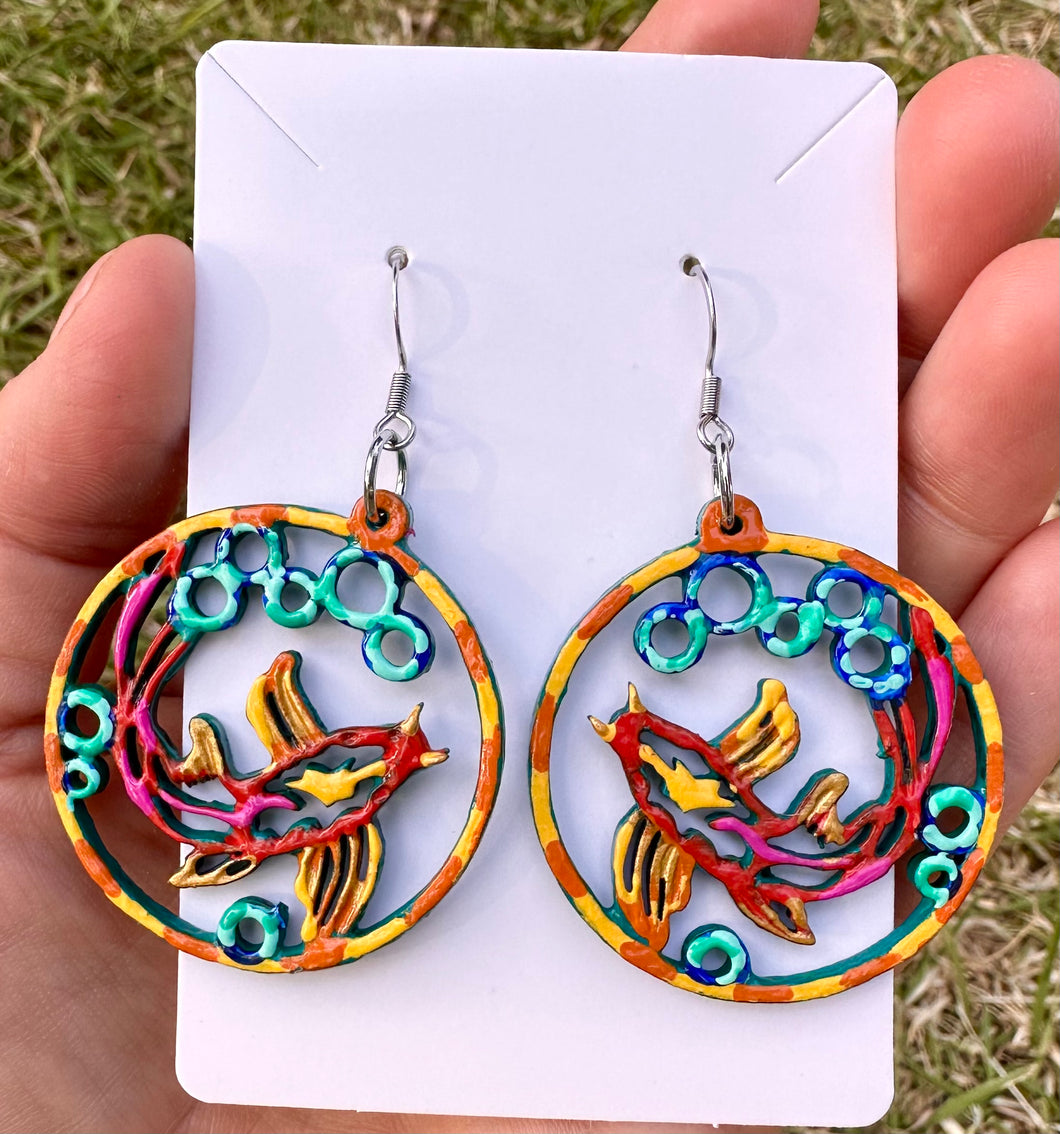 Hand Painted Orange and Yellow Koi with Water Earrings