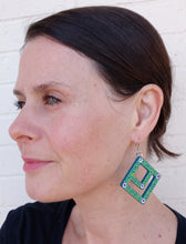 Load image into Gallery viewer, Hand Painted Green and Blue Double Diamond Shaped Earrings
