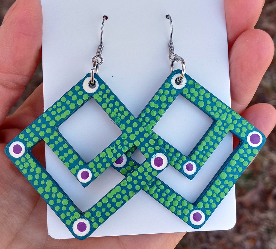 Hand Painted Green and Blue Double Diamond Shaped Earrings