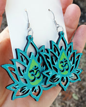 Load image into Gallery viewer, Hand Painted Green and Blue Om Symbol Lotus Flower Earrings
