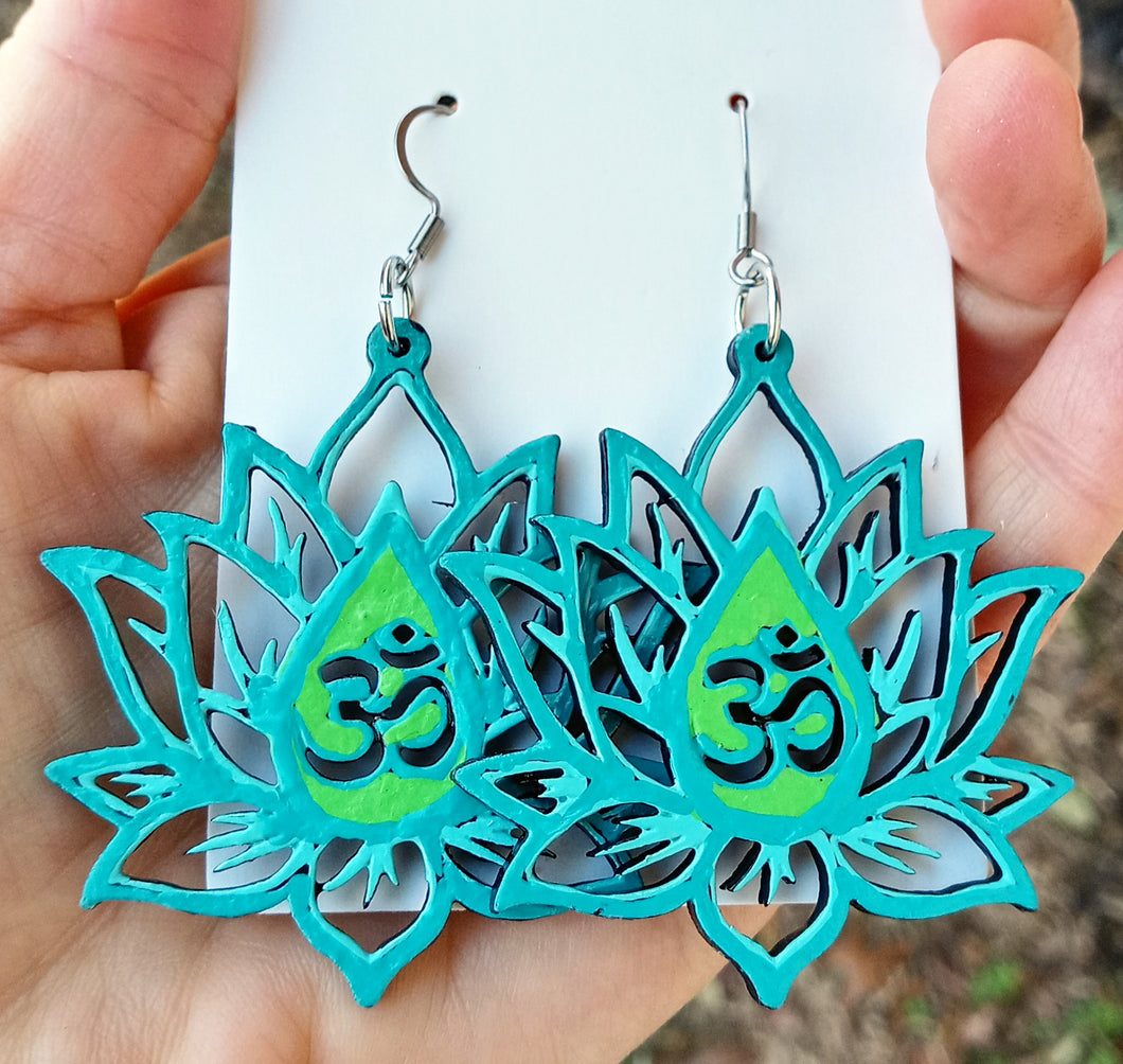 Hand Painted Green and Blue Om Symbol Lotus Flower Earrings