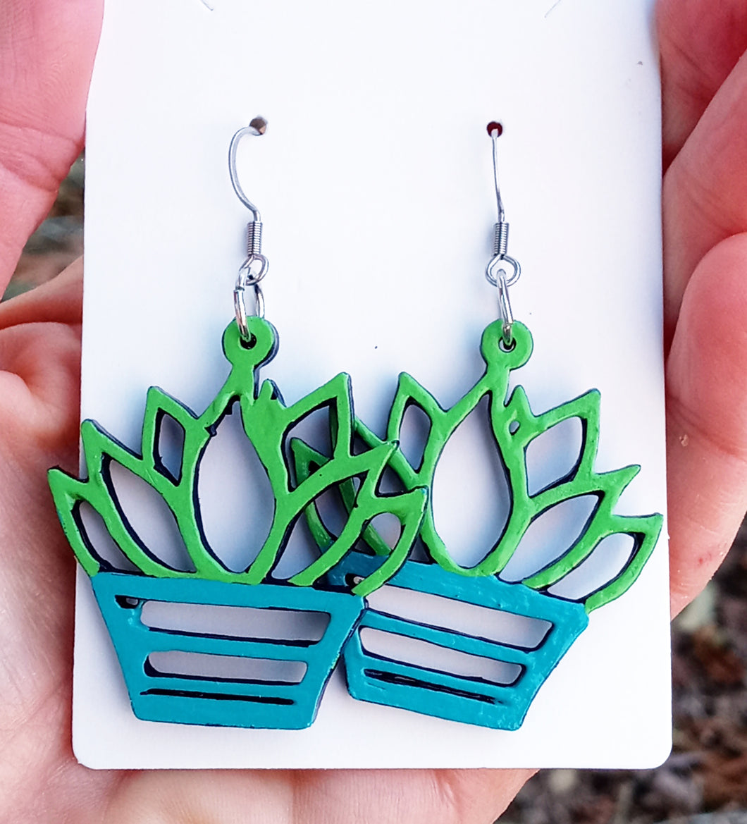 Hand Painted Green and Blue Plant Style Earrings