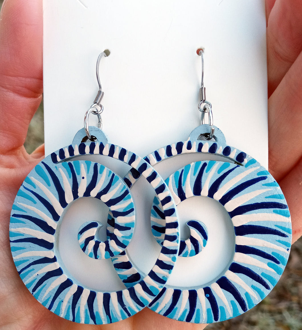 Hand Painted Blue and White Spiral Earrings