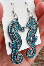 Load image into Gallery viewer, Hand Painted Metallic Silver and Teal Seahorse Earrings
