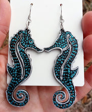 Load image into Gallery viewer, Hand Painted Metallic Silver and Teal Seahorse Earrings
