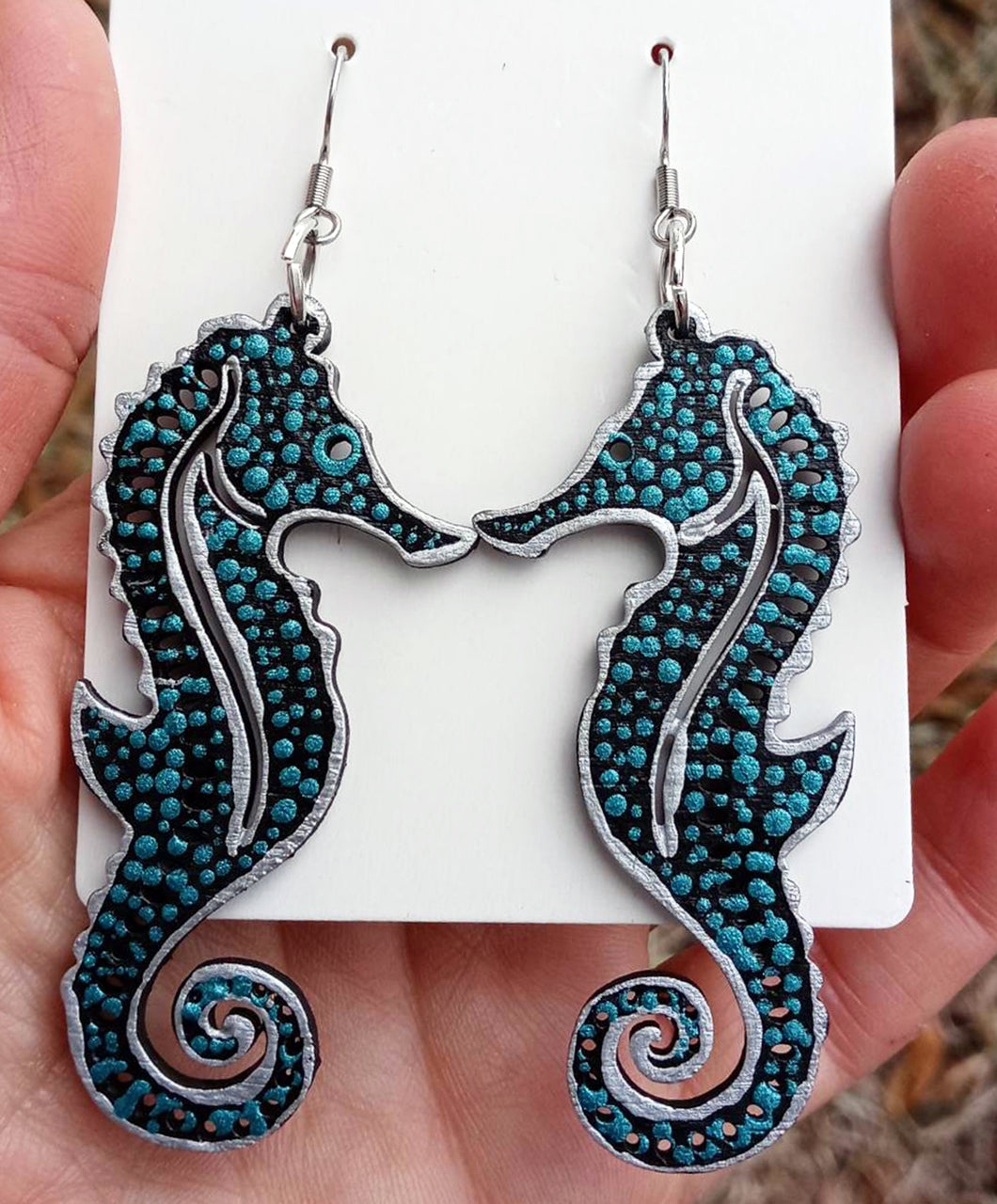 Hand Painted Metallic Silver and Teal Seahorse Earrings