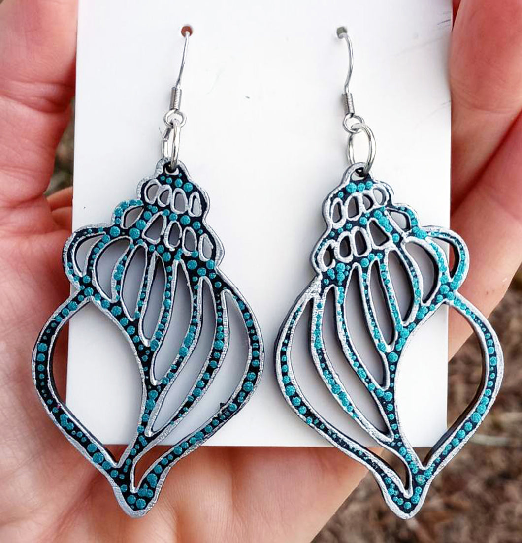 Hand Painted Metallic Silver and Teal Sea Shell Earrings