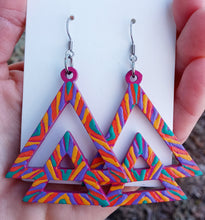 Load image into Gallery viewer, Hand Painted Purple and Orange Double Triangle Earrings
