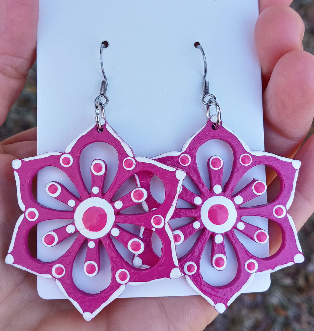 Hand Painted Pink and White Flower Earrings