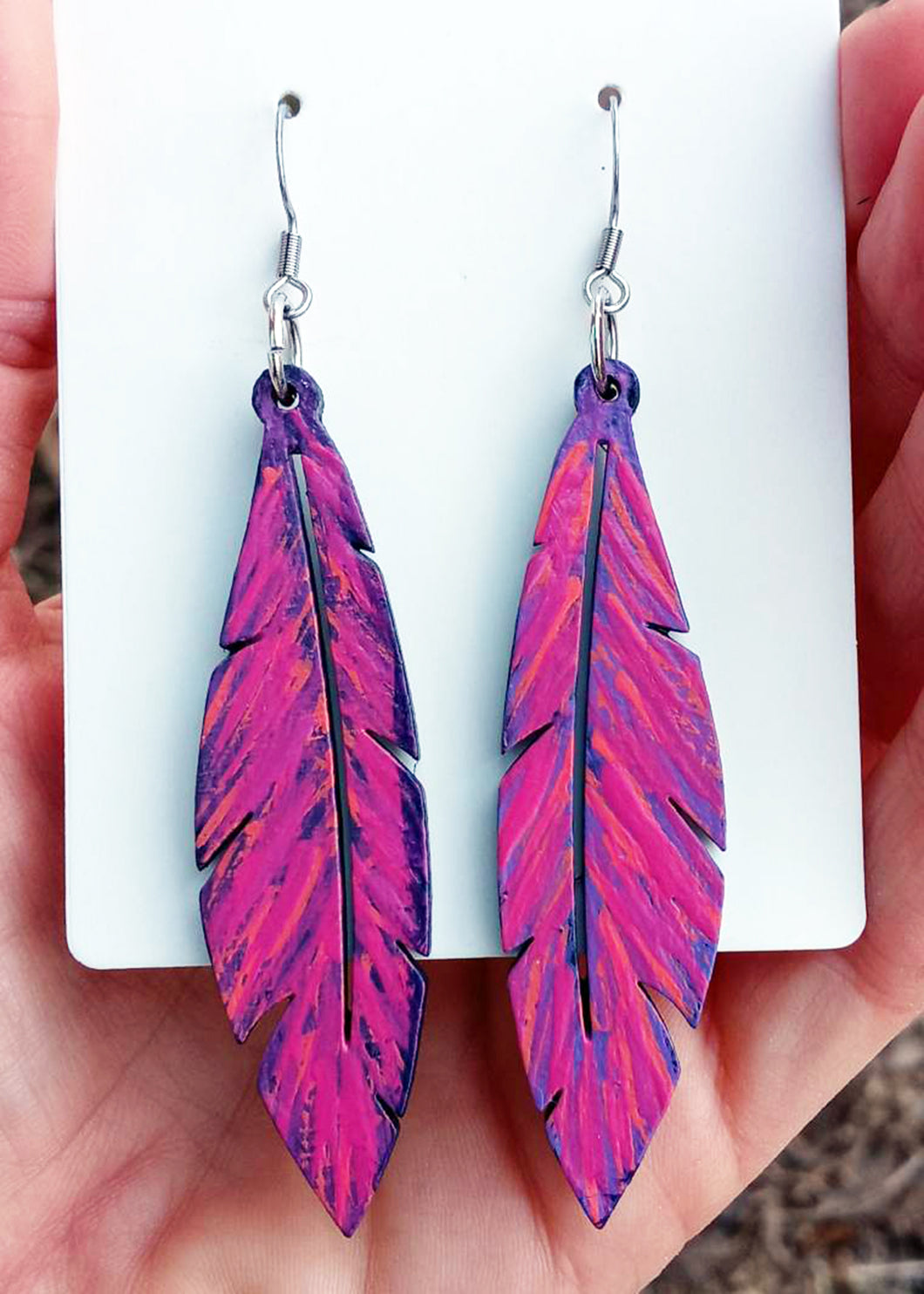 Hand Painted Pink and Purple Feather Style Earrings