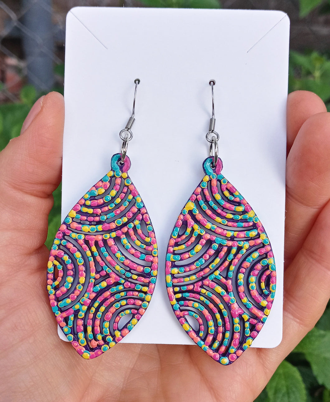 Hand Painted Pink and Yellow Wavy Geometric Earrings
