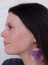 Load image into Gallery viewer, Hand Painted Purple and Yellow Swirls in Circle Earrings
