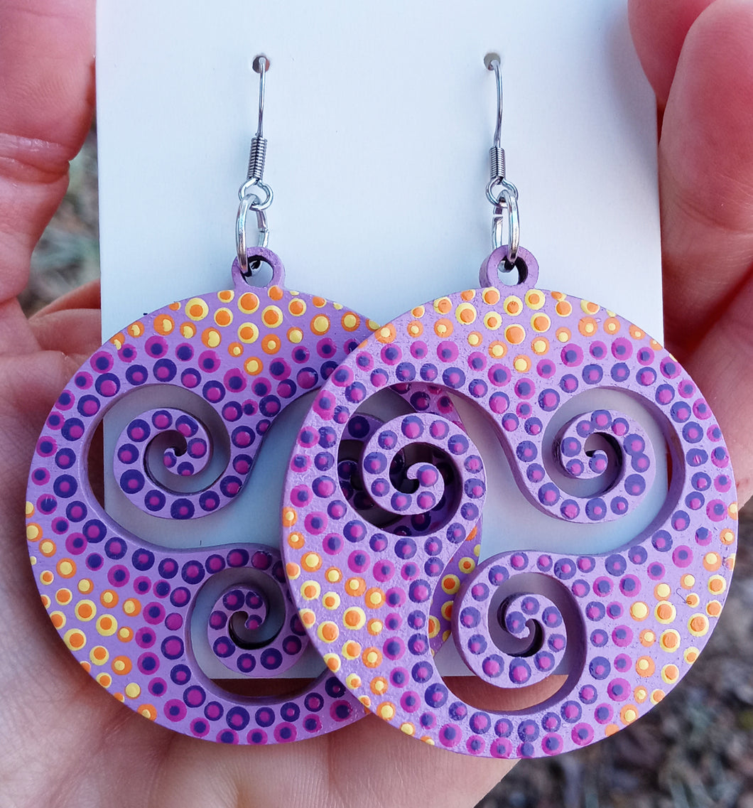Hand Painted Purple and Yellow Swirls in Circle Earrings