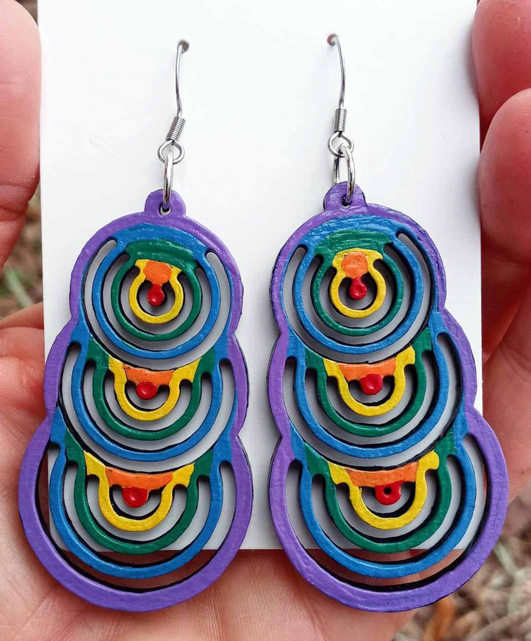 Hand Painted Colorful Chain of Concentric Circles Earrings