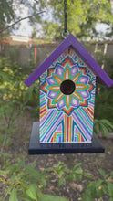 Load and play video in Gallery viewer, Hand Painted Purple and Dark Blue Wooden Hanging Birdhouse
