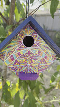 Load and play video in Gallery viewer, Hand Painted Purple and Yellow Wooden Hanging Bird House
