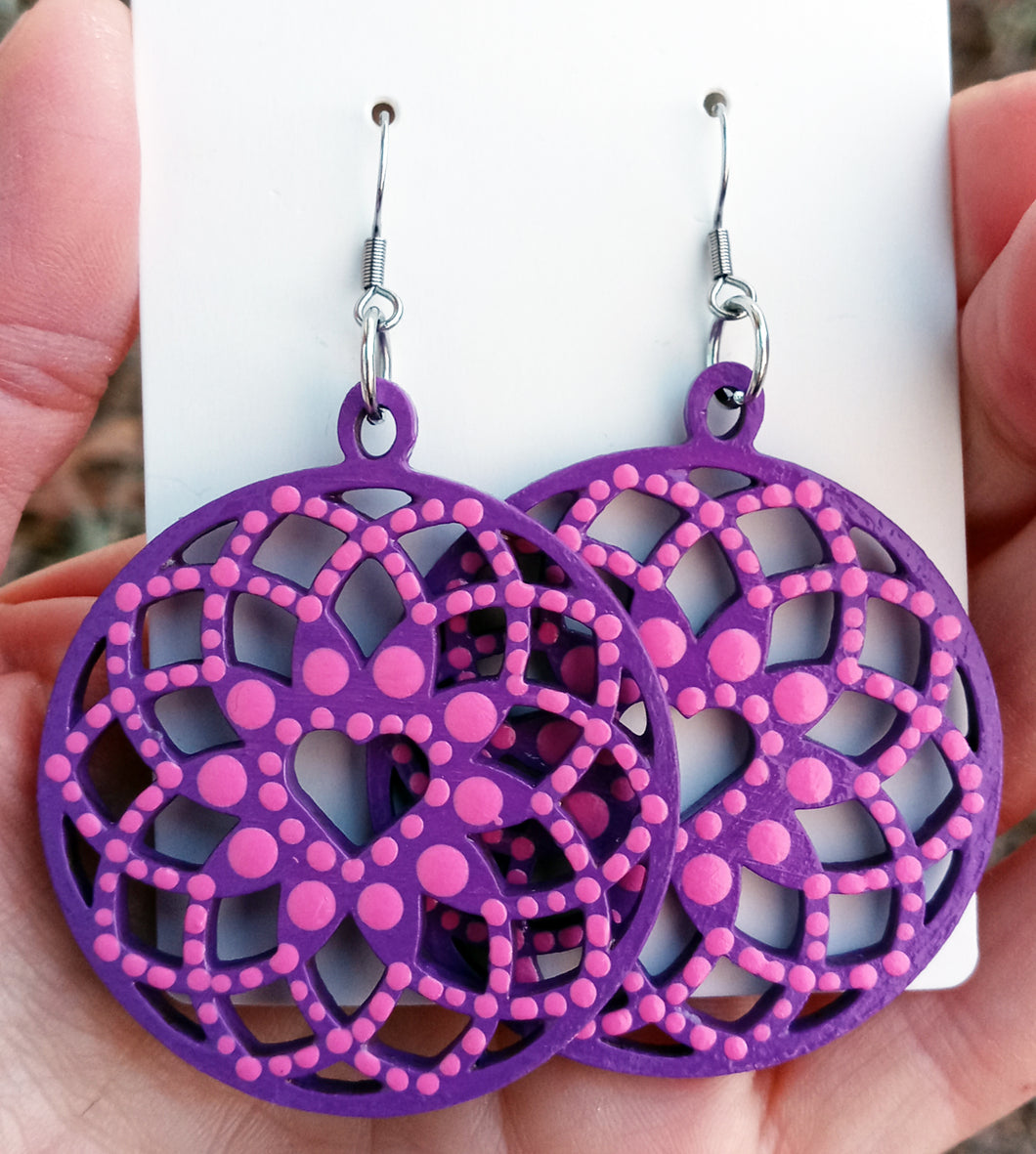 Hand Painted Purple and Pink Heart Dream Catcher Earrings
