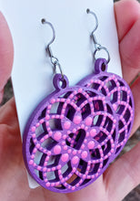 Load image into Gallery viewer, Hand Painted Purple and Pink Heart Dream Catcher Earrings
