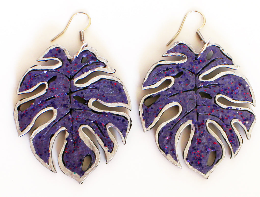 Amethyst and Silver Sparkly Hand Painted Wooden Leaf Earrings