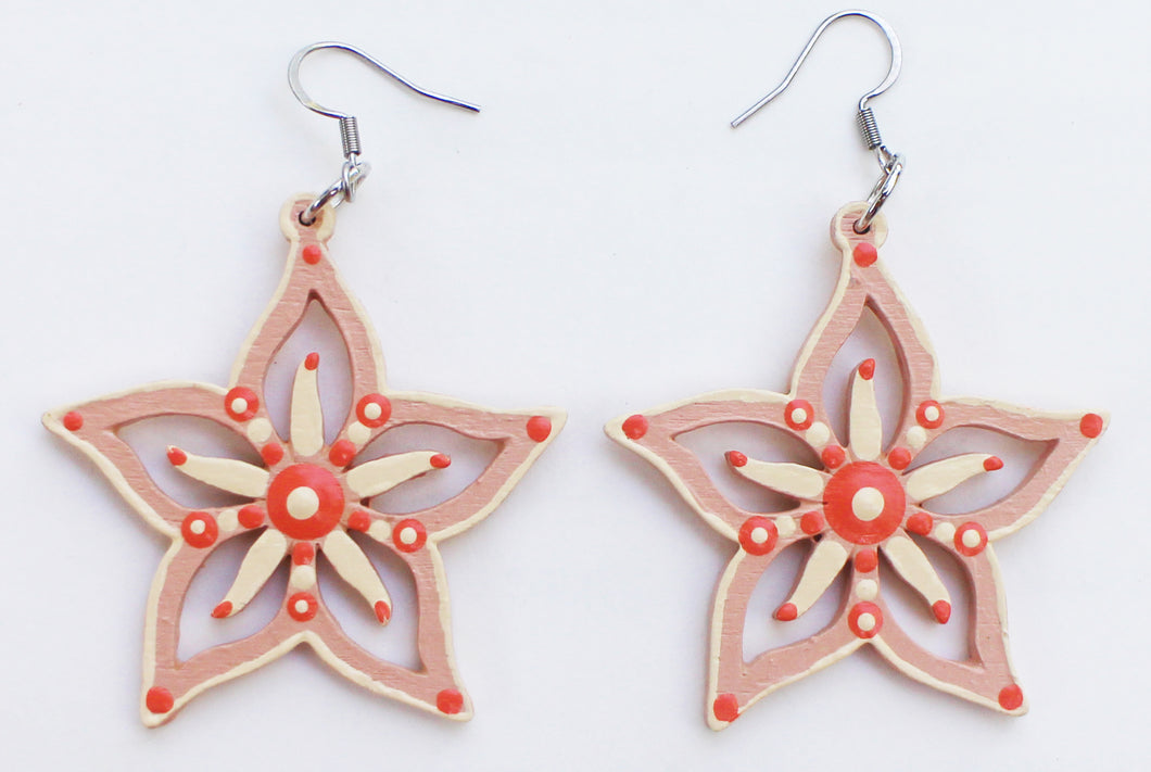 Beige and Coral Hand Painted Five Point Flower Earrings