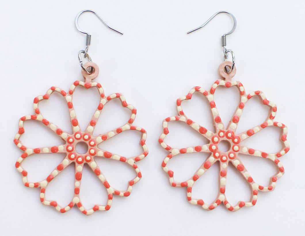 Beige and Coral Hand Painted Lacey Flower Earrings