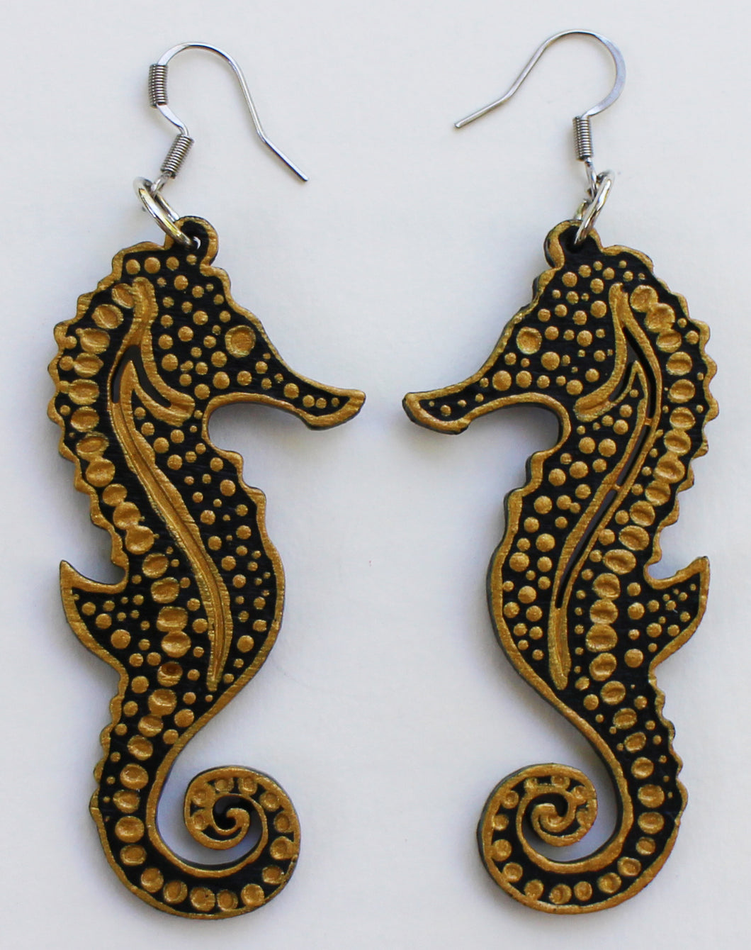 Black and Gold Hand Painted Sea Horse Earrings