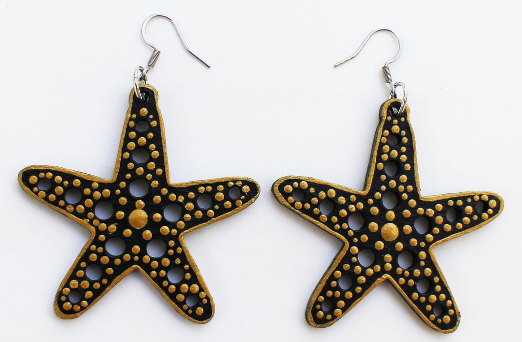 Black and Gold Hand Painted Starfish Earrings