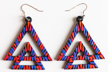 Load image into Gallery viewer, Blue and Orange Hand Painted Wooden Double Triangle Earrings

