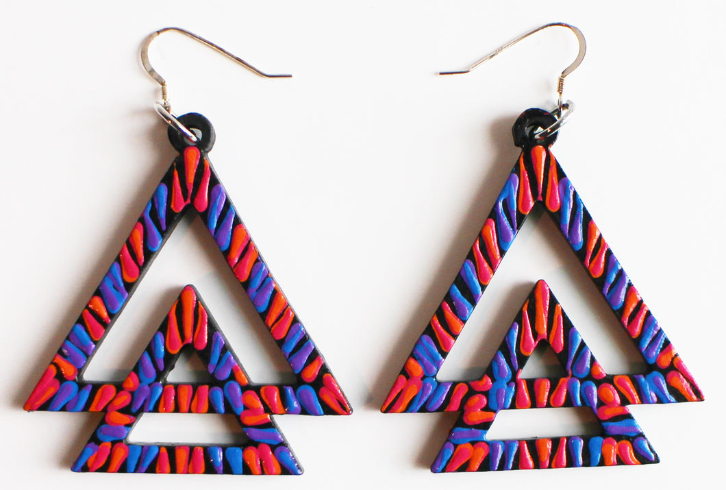 Blue and Orange Hand Painted Wooden Double Triangle Earrings