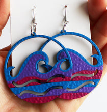 Load image into Gallery viewer, Blue and Purple Hand Painted Wooden Wave Earrings
