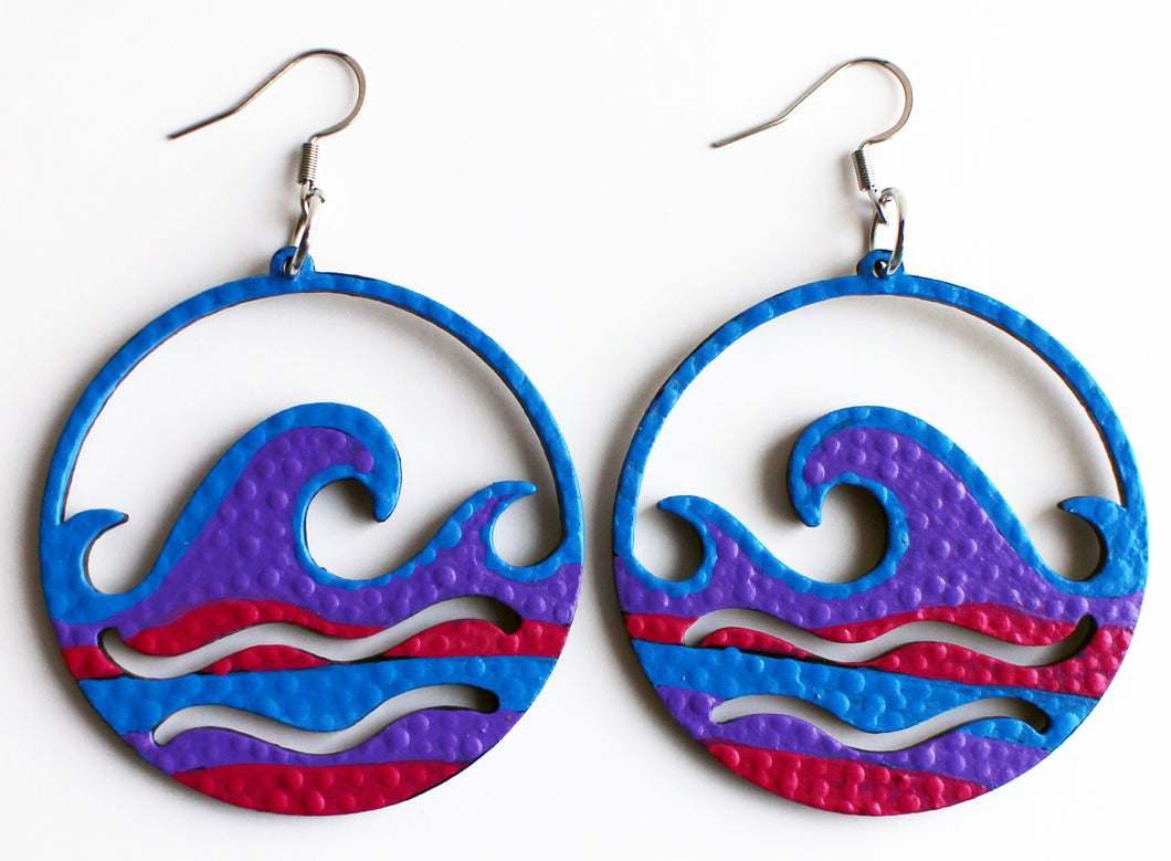 Blue and Purple Hand Painted Wooden Wave Earrings