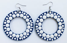 Load image into Gallery viewer, Blue and White Hand Painted Circle Hoop Earrings
