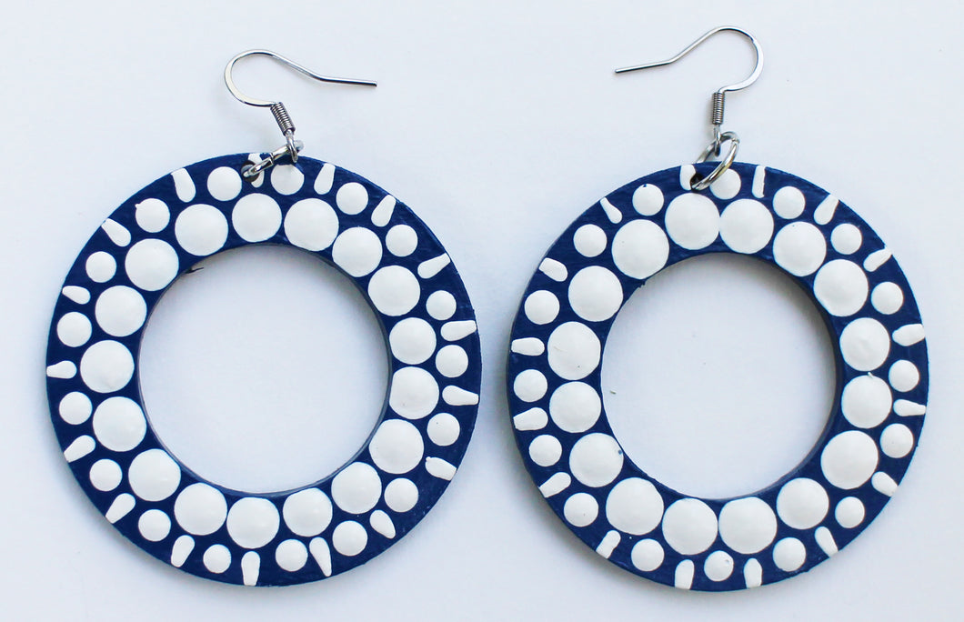 Blue and White Hand Painted Circle Hoop Earrings