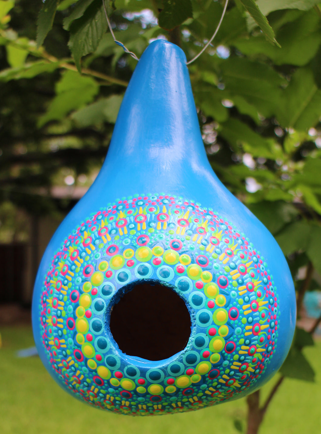 Blue and Yellow Hand Painted Gourd Bird House
