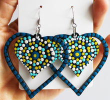 Load image into Gallery viewer, Blue and Yellow Hand Painted Wooden Heart Earrings
