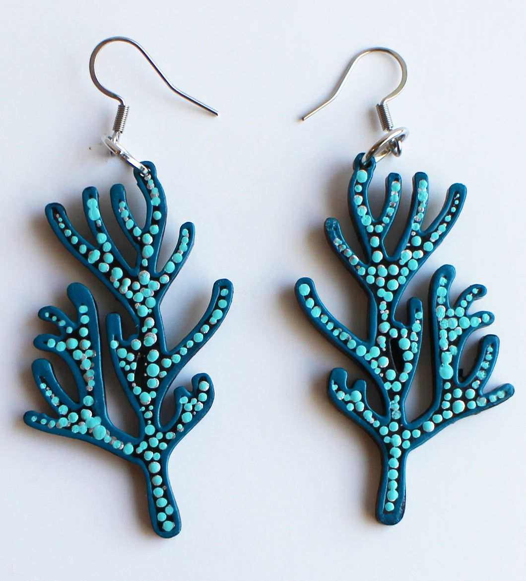 Dark Blue and Light Blue Hand Painted Wooden SeaCoral Earrings