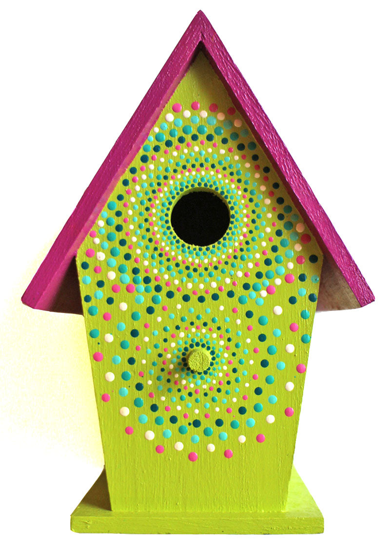 Citron Green and Hot Pink Hand Painted Wooden BirdHouse