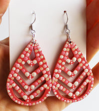 Load image into Gallery viewer, Coral and Pink Hand Painted Wooden Striped Teardrop Earrings
