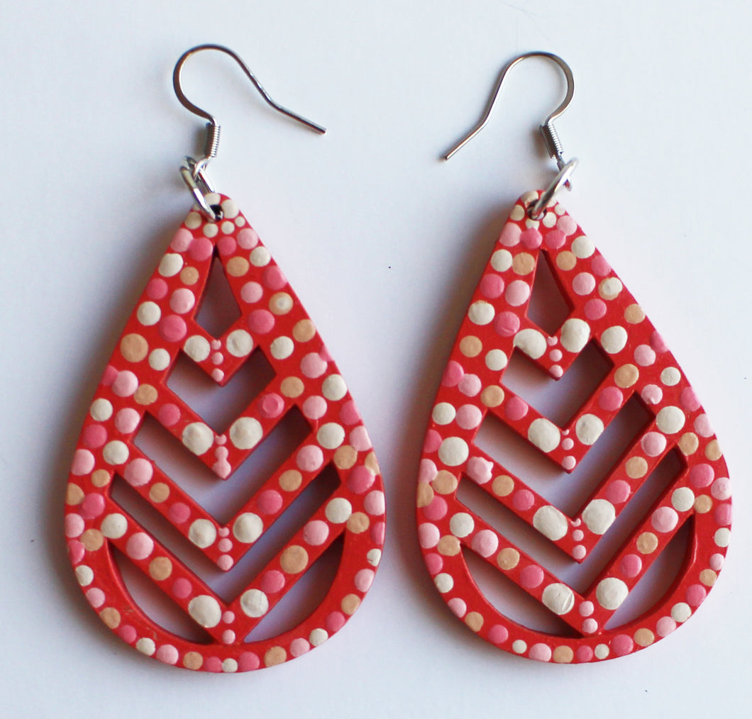 Coral and Pink Hand Painted Wooden Striped Teardrop Earrings