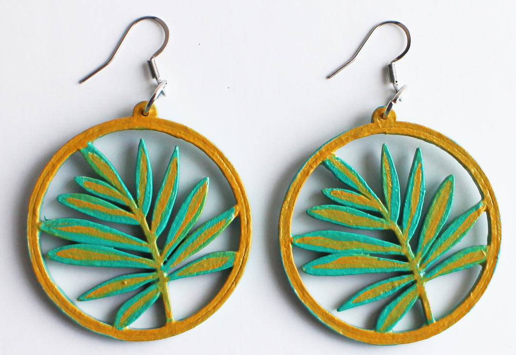 Yellow and Green Hand Painted Wooden Leaf Earrings