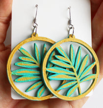 Load image into Gallery viewer, Yellow and Green Hand Painted Wooden Leaf Earrings
