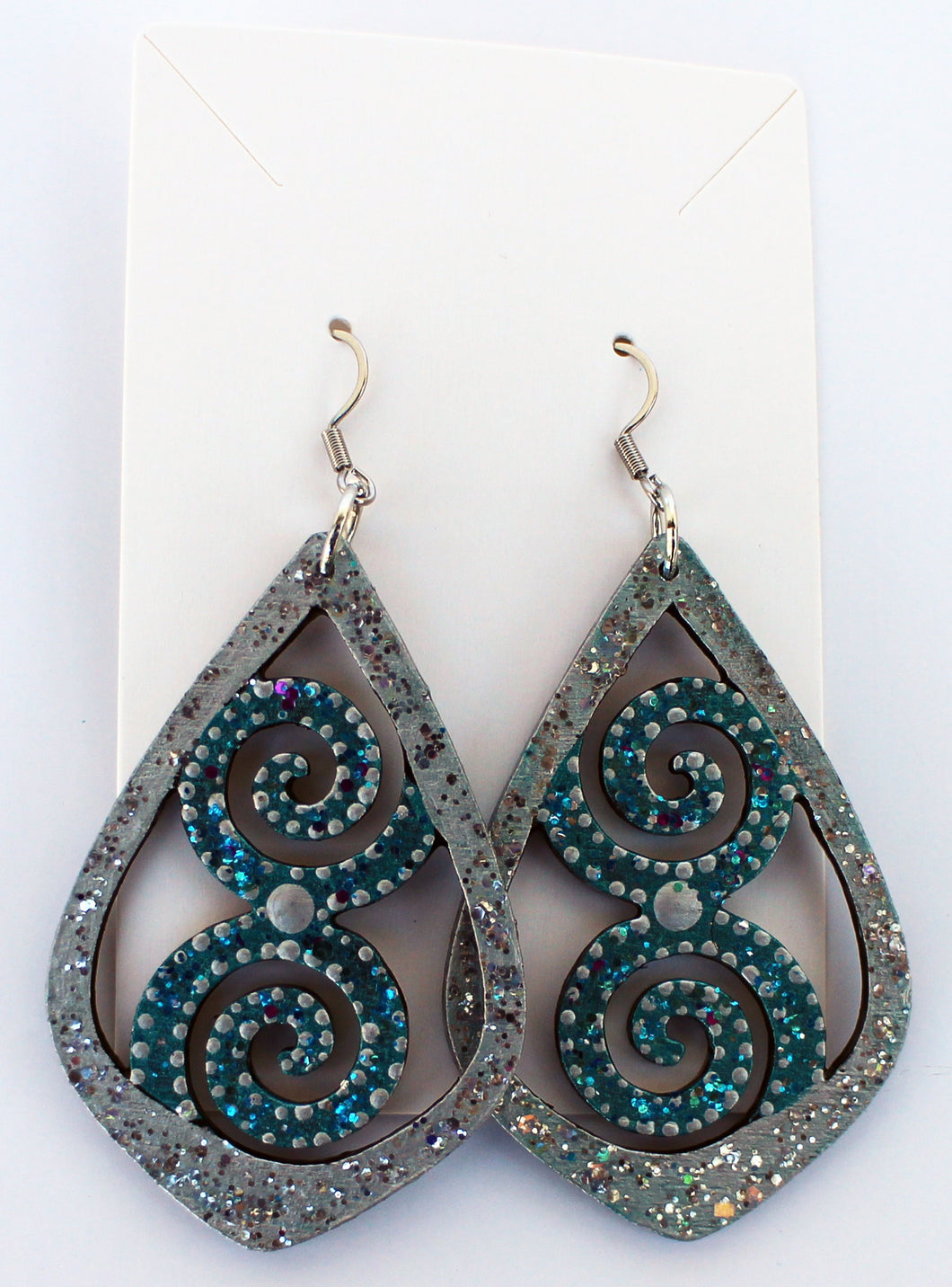 Metallic Teal and Silver Hand Painted Double Spiral Sparkle Earrings
