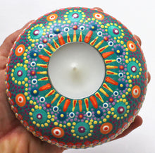 Load image into Gallery viewer, Green and Orange Hand Painted Round Wooden Tea Light Candle Holder
