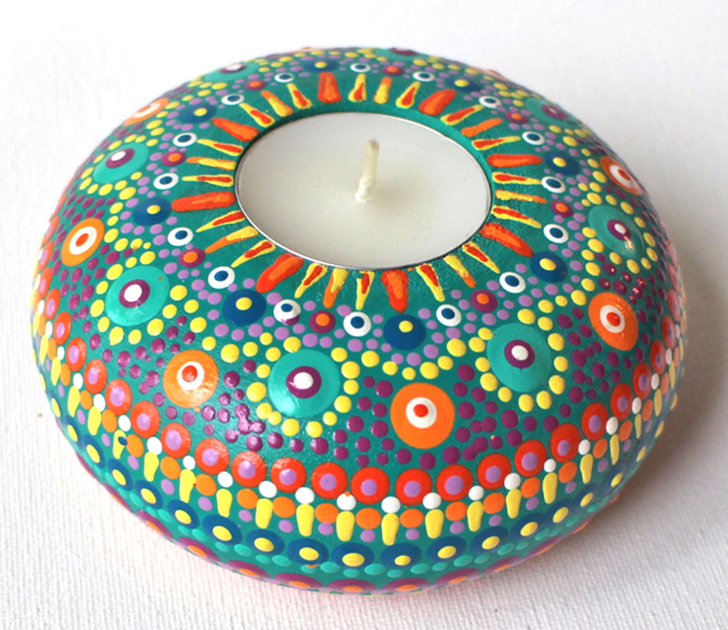 Green and Orange Hand Painted Round Wooden Tea Light Candle Holder