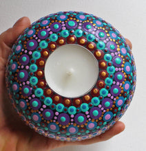 Load image into Gallery viewer, Purple and Light Blue Hand Painted Dot Art Wooden Round Tea Light Candle Holder
