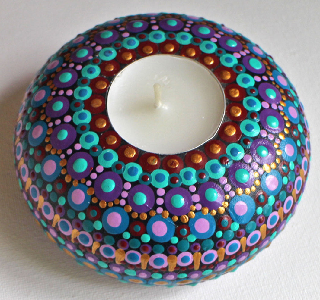 Purple and Light Blue Hand Painted Dot Art Wooden Round Tea Light Candle Holder