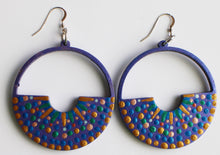Load image into Gallery viewer, Gold and Purple Hand Painted Wooden Half Circle Earrings
