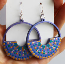Load image into Gallery viewer, Gold and Purple Hand Painted Wooden Half Circle Earrings

