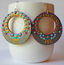 Load image into Gallery viewer, Gold and Purple Wooden Hoop Earrings
